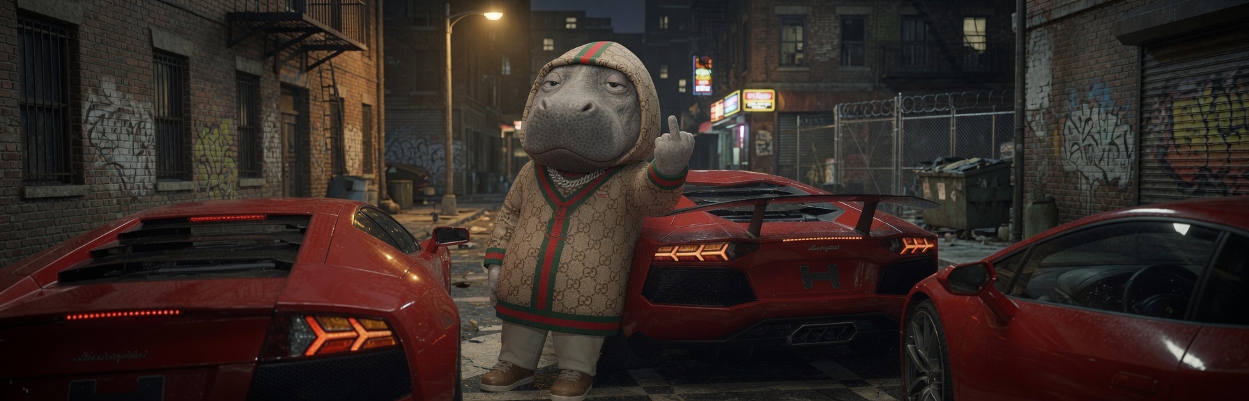 HIP in a Gucci tracksuit, standing between red Lamborghinis in a nocturnal alley